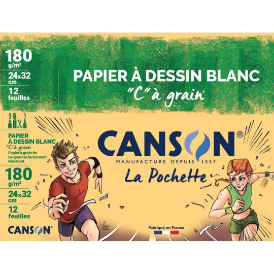 Canson C à grain - Pochette papier à dessin - 12 feuilles - 24 x 32 cm - 180 gr - blanc