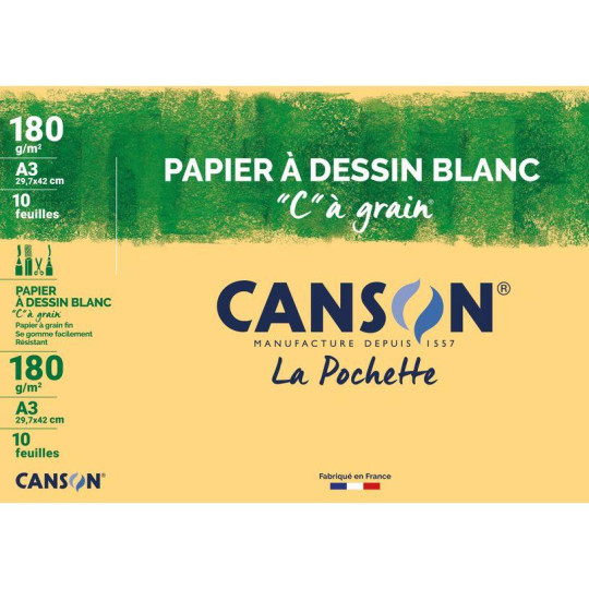 Canson C à grain - Pochette papier à dessin - 10 feuilles - A3 - 180 gr - blanc