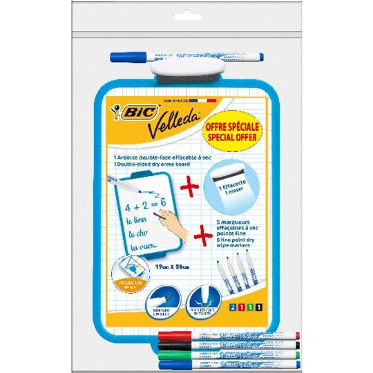 BIC - Ardoise Velleda blanche double face - 19 x 26 cm - 5 marqueurs fins + effacette
