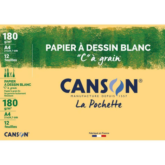 Canson C à grain - Pochette papier à dessin - 12 feuilles - A4 - 224 gr - blanc